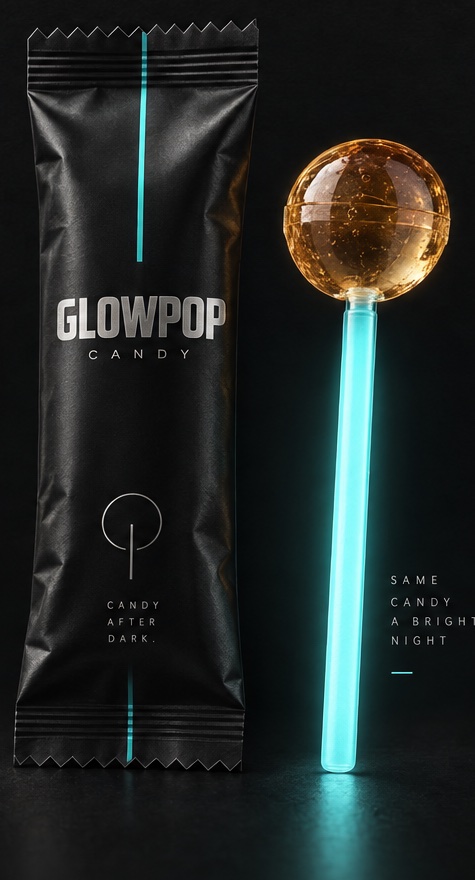 AI-generated concept of dark Glowpop packaging and an amber lollipop with a cyan glowing handle